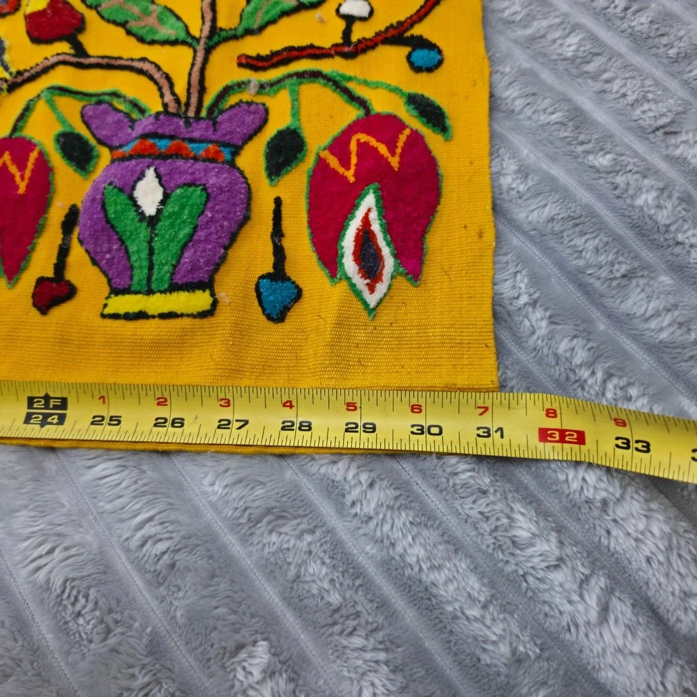 Vintage Mexican Otomi Tenango Hand Embroidered Floral Bird Textile Yellow 43x26